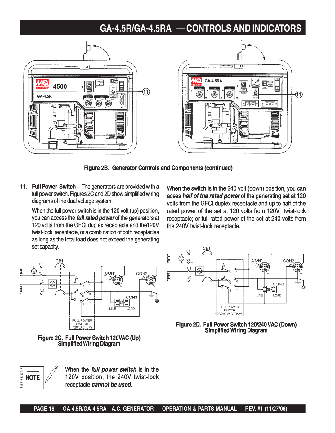 Multiquip GA4.5RA manual GA-4.5R/GA-4.5RA - CONTROLS AND INDICATORS, B. Generator Controls and Components continued 