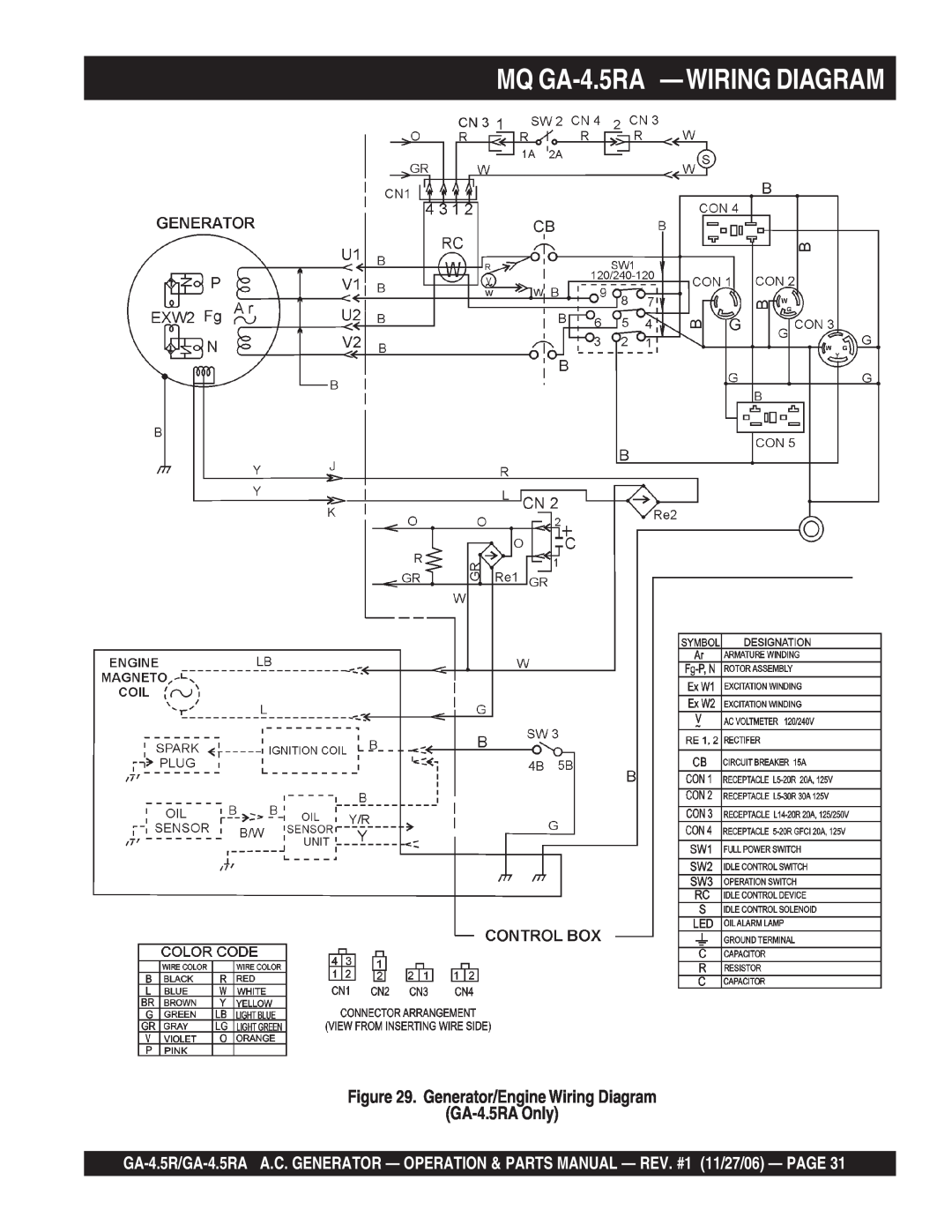 Multiquip GA4.5RA manual MQ GA-4.5RA -WIRING DIAGRAM, Generator/Engine Wiring Diagram GA-4.5RA Only 