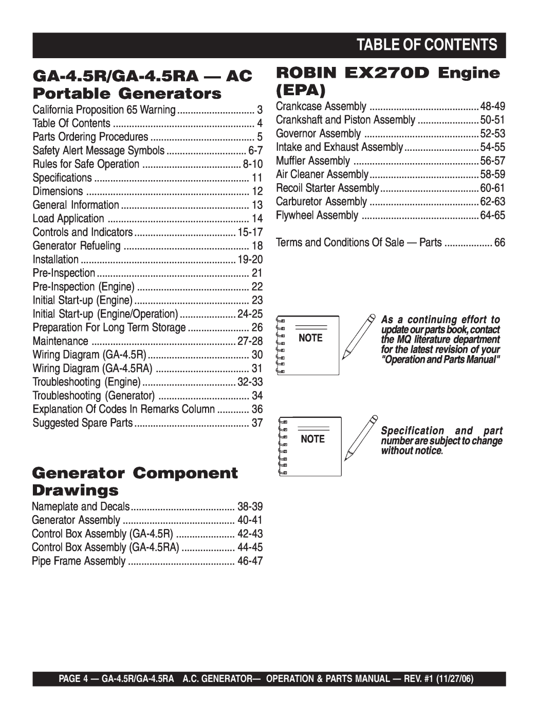 Multiquip GA4.5RA Table Of Contents, GA-4.5R/GA-4.5RA - AC Portable Generators, Generator Component Drawings, 8-10 