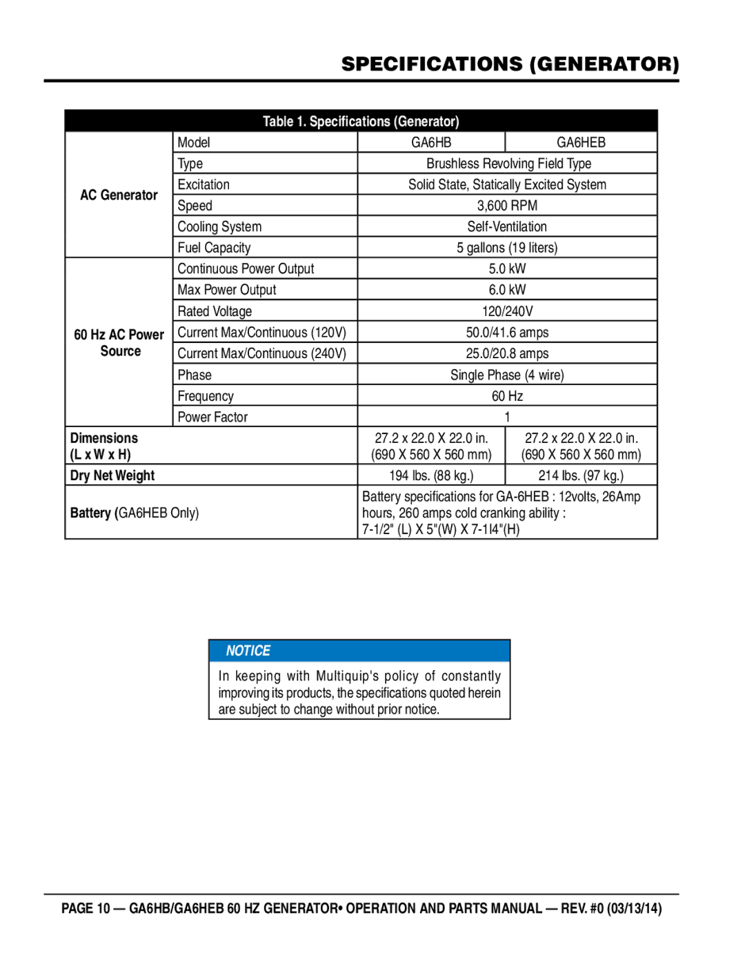 Multiquip ga6HEB, ga6HB manual Specifications gENERATOR, GA6HB GA6HEB 