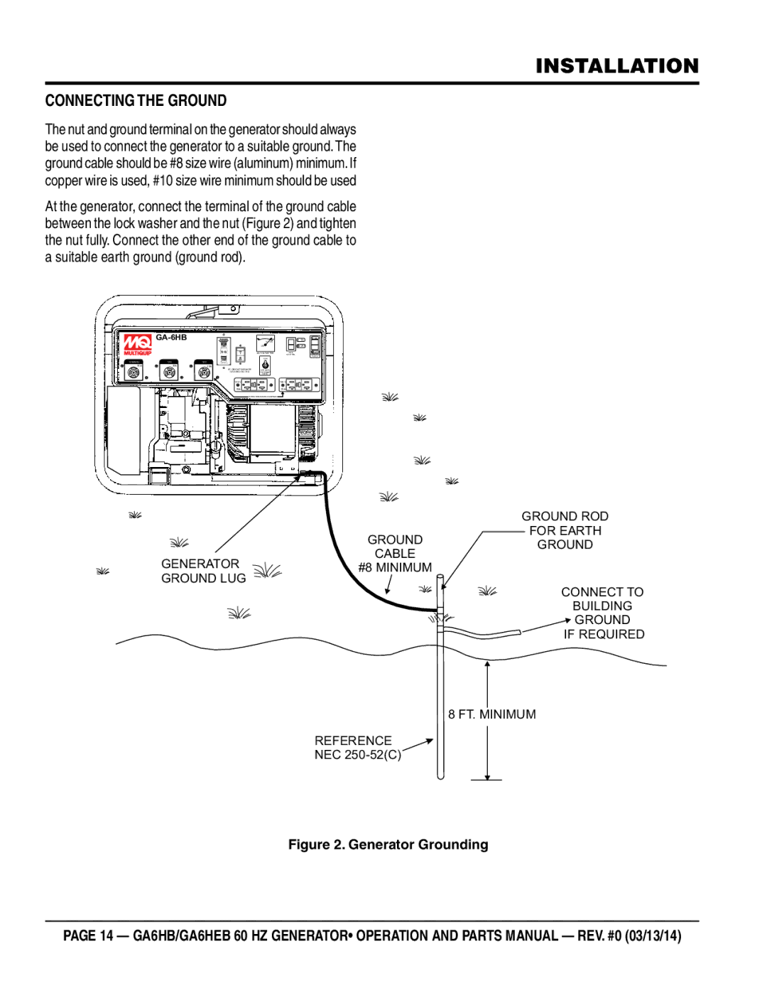 Multiquip ga6HEB, ga6HB manual Installation, Connecting the Ground 