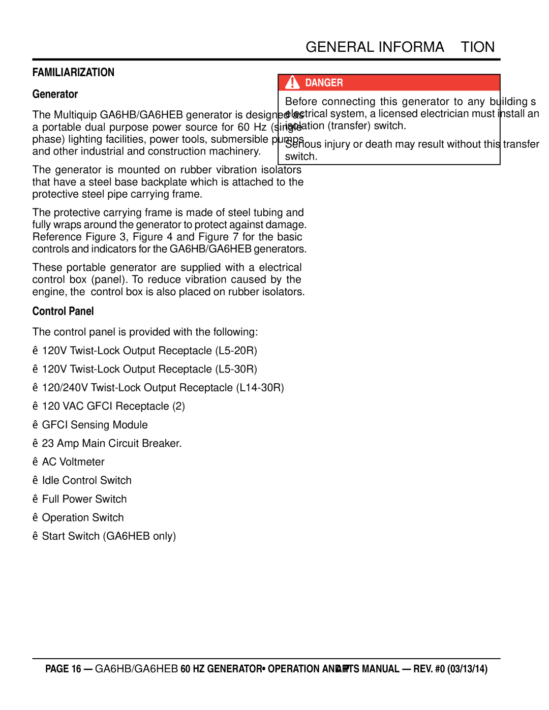 Multiquip ga6HEB, ga6HB manual General information, Generator, Control Panel 