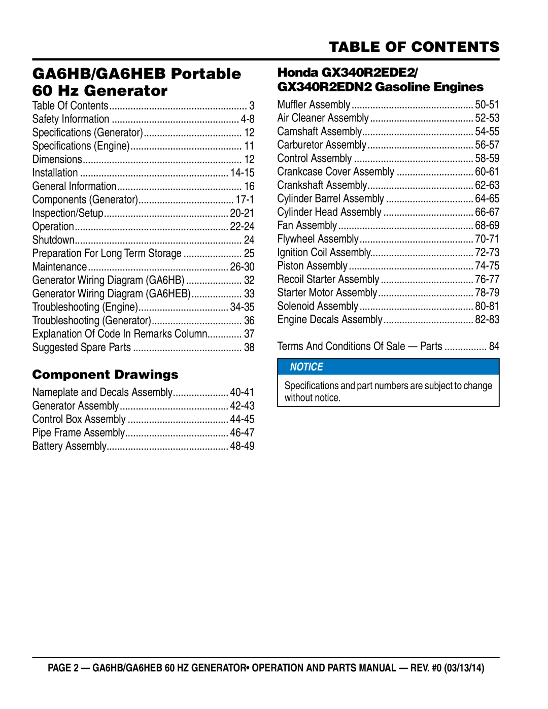 Multiquip ga6HEB, ga6HB manual GA6HB/GA6HEB Portable 60 Hz Generator, Table of Contents 