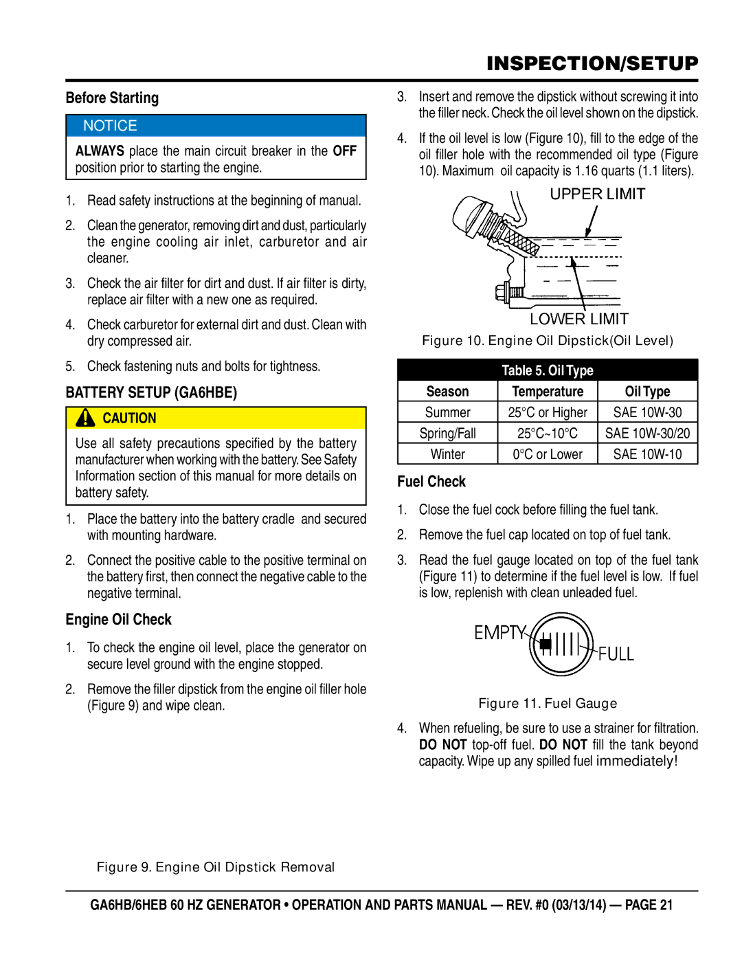 Multiquip ga6HB, ga6HEB manual INSPECTION/setup, Before Starting, Battery Setup GA6HBE, Engine Oil Check, Fuel Check 