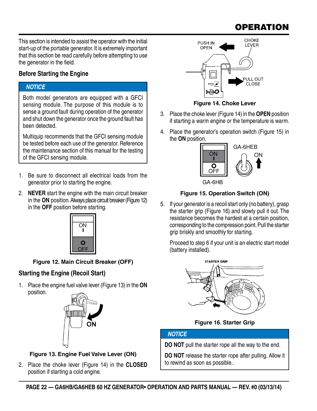 Multiquip ga6HEB, ga6HB manual Operation, Before Starting the Engine, Starting the Engine Recoil Start 