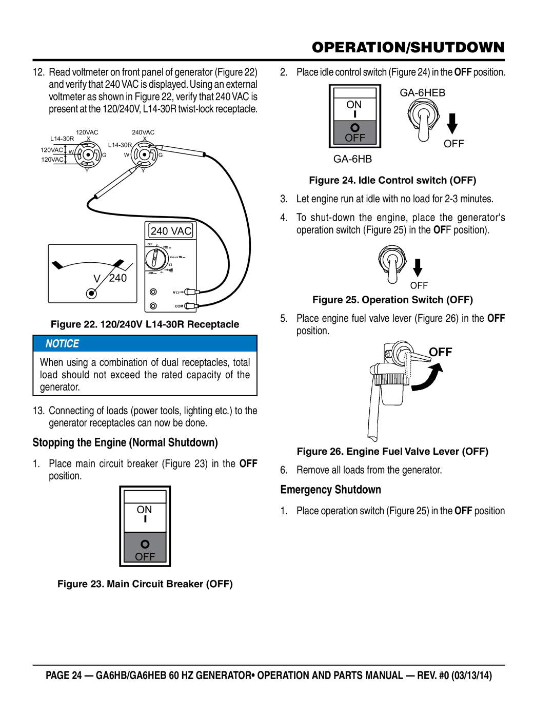 Multiquip ga6HEB, ga6HB manual Operation/shutdown, Stopping the Engine Normal Shutdown, Emergency Shutdown 