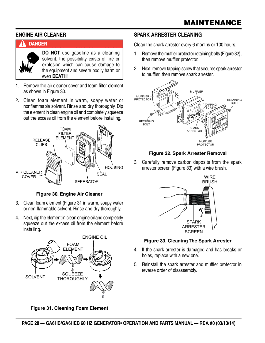 Multiquip ga6HEB, ga6HB manual Engine Air Cleaner, Spark arrester cleaning 