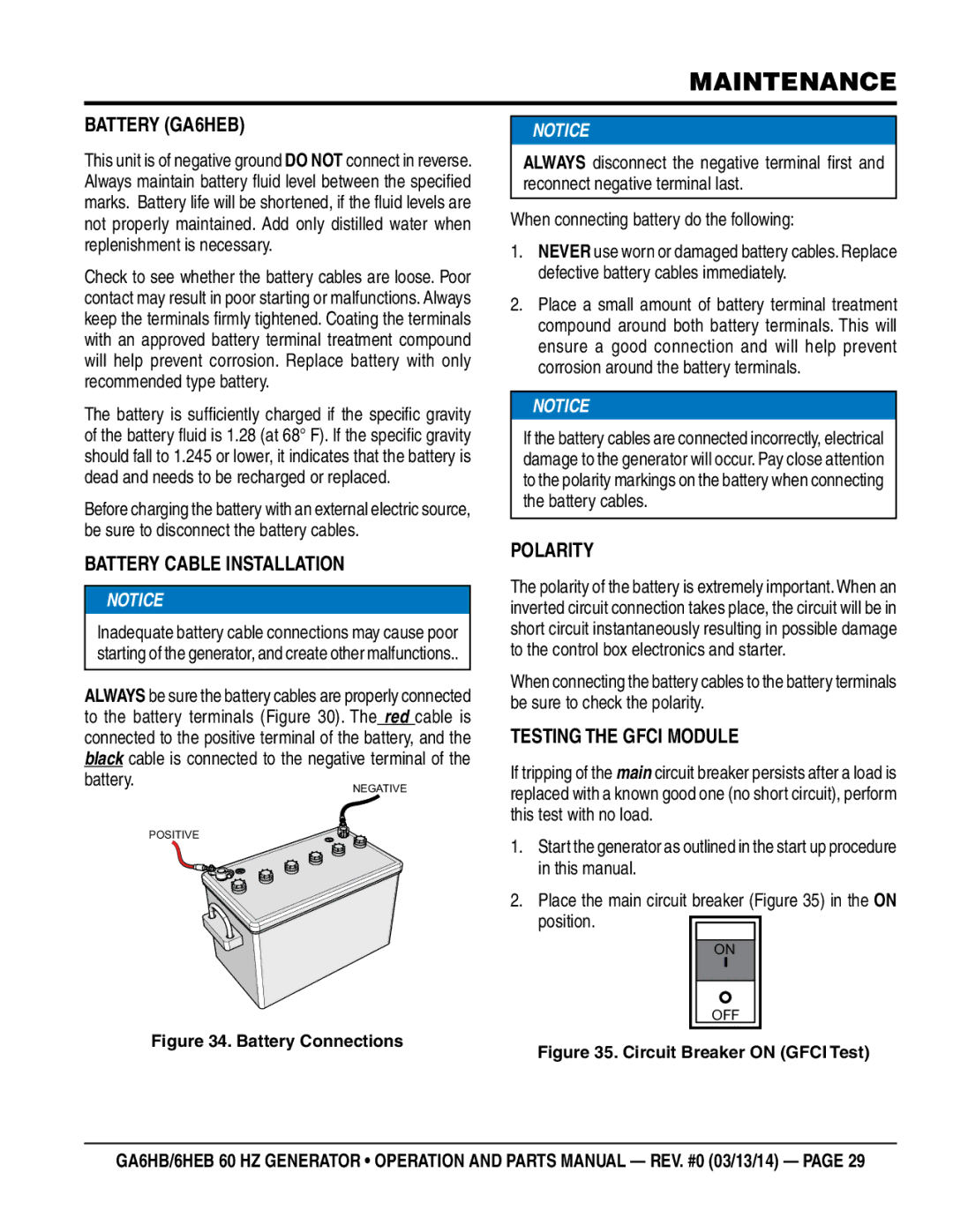 Multiquip ga6HB manual Battery ga6HEB, Battery Cable Installation, Polarity, Testing the Gfci Module 