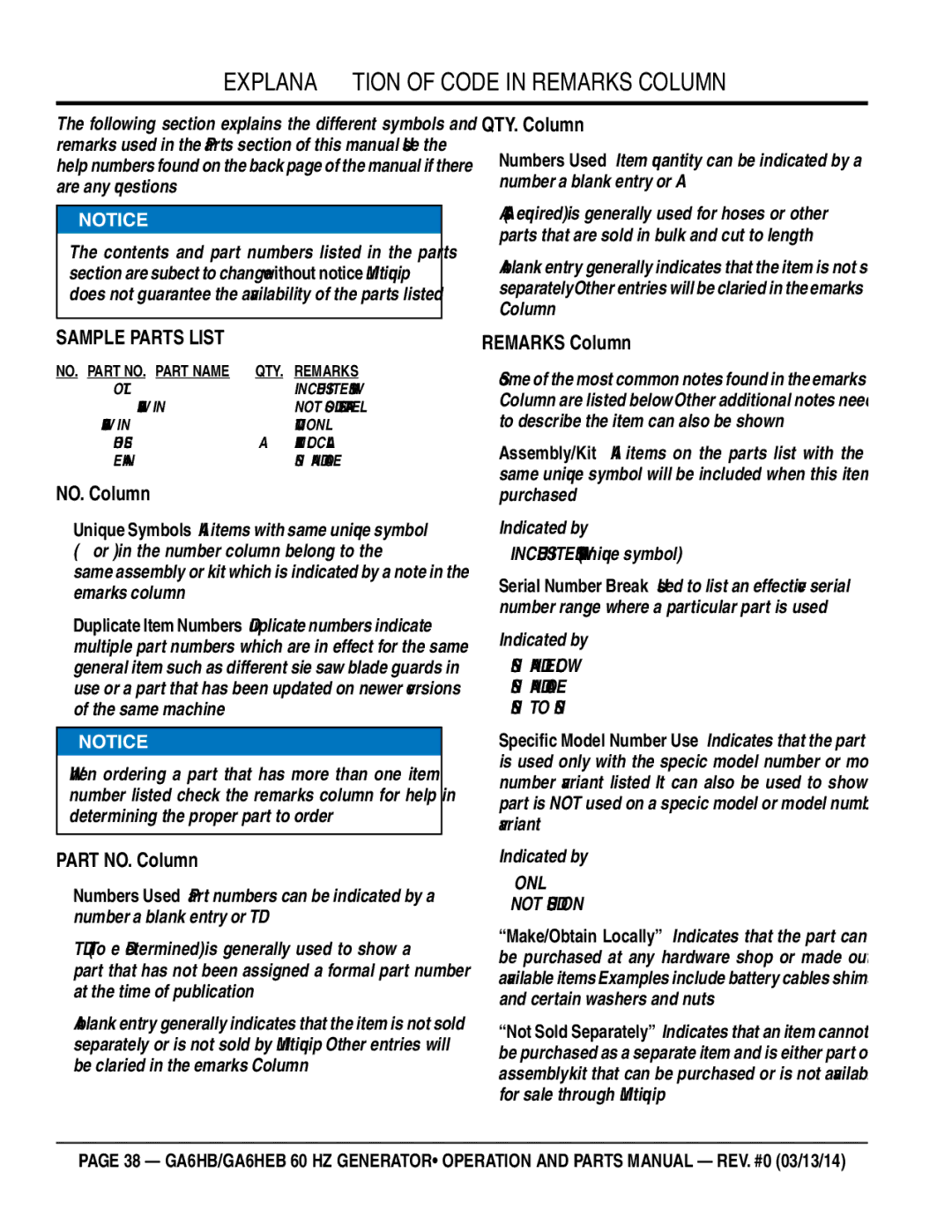 Multiquip ga6HEB, ga6HB manual Explanation of Code in Remarks Column 