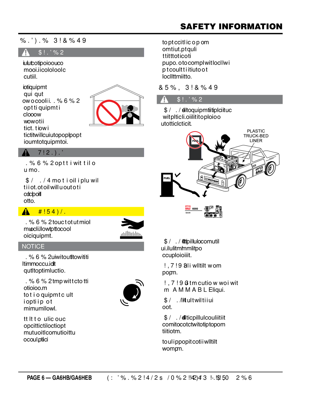 Multiquip ga6HEB, ga6HB manual ENgiNE sAFETY, FuEl sAFETY 