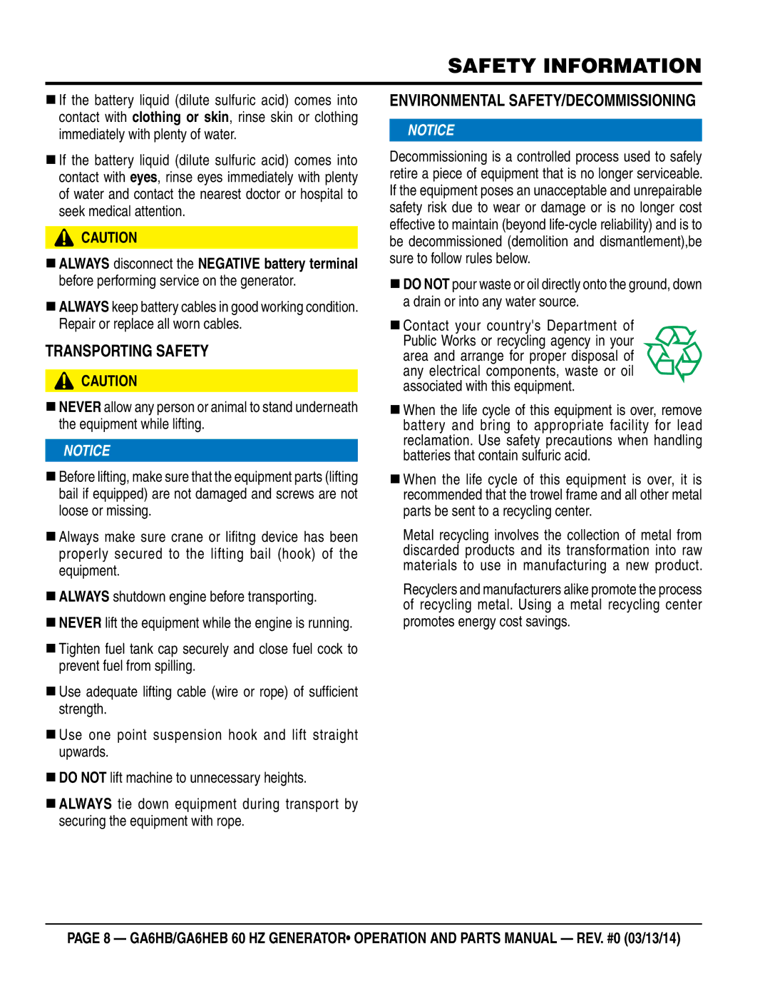 Multiquip ga6HEB, ga6HB manual TRANspORTiNg sAFETY, ENviRONmENTAl sAFETY/dECOmmissiONiNg 