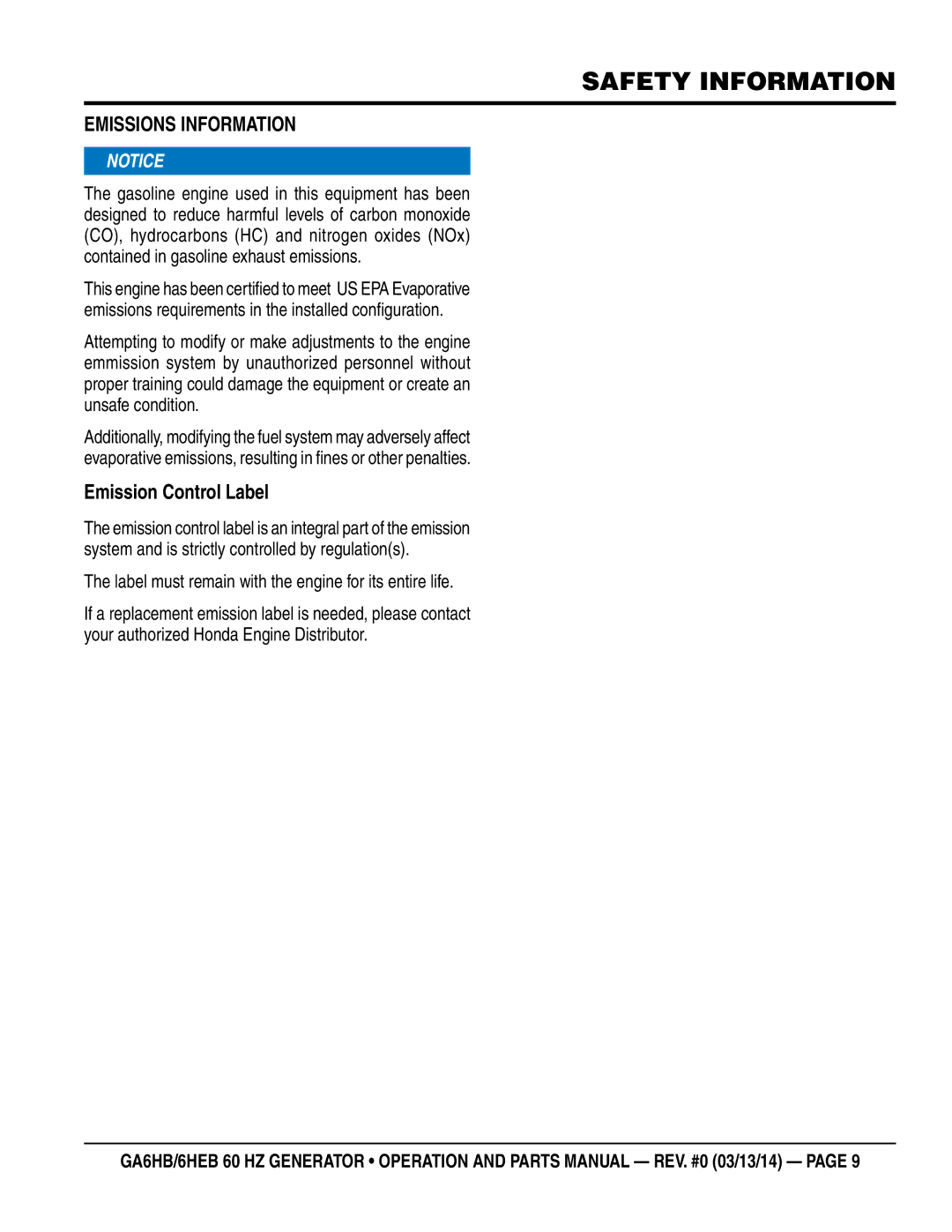 Multiquip ga6HB, ga6HEB manual EmissiONs iNFORmATiON, Emission Control label 