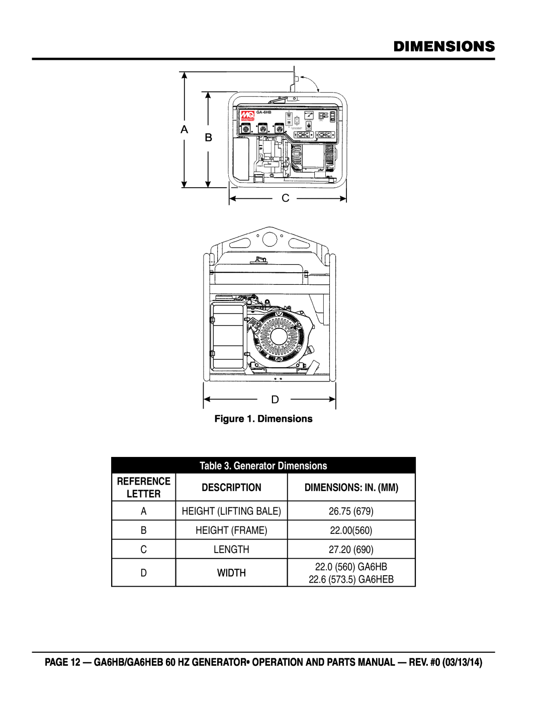 Multiquip ga6HEB dimensions, Generator Dimensions, Description, Dimensions In. Mm, Reference, Letter, GA-6HB, 120/240V 
