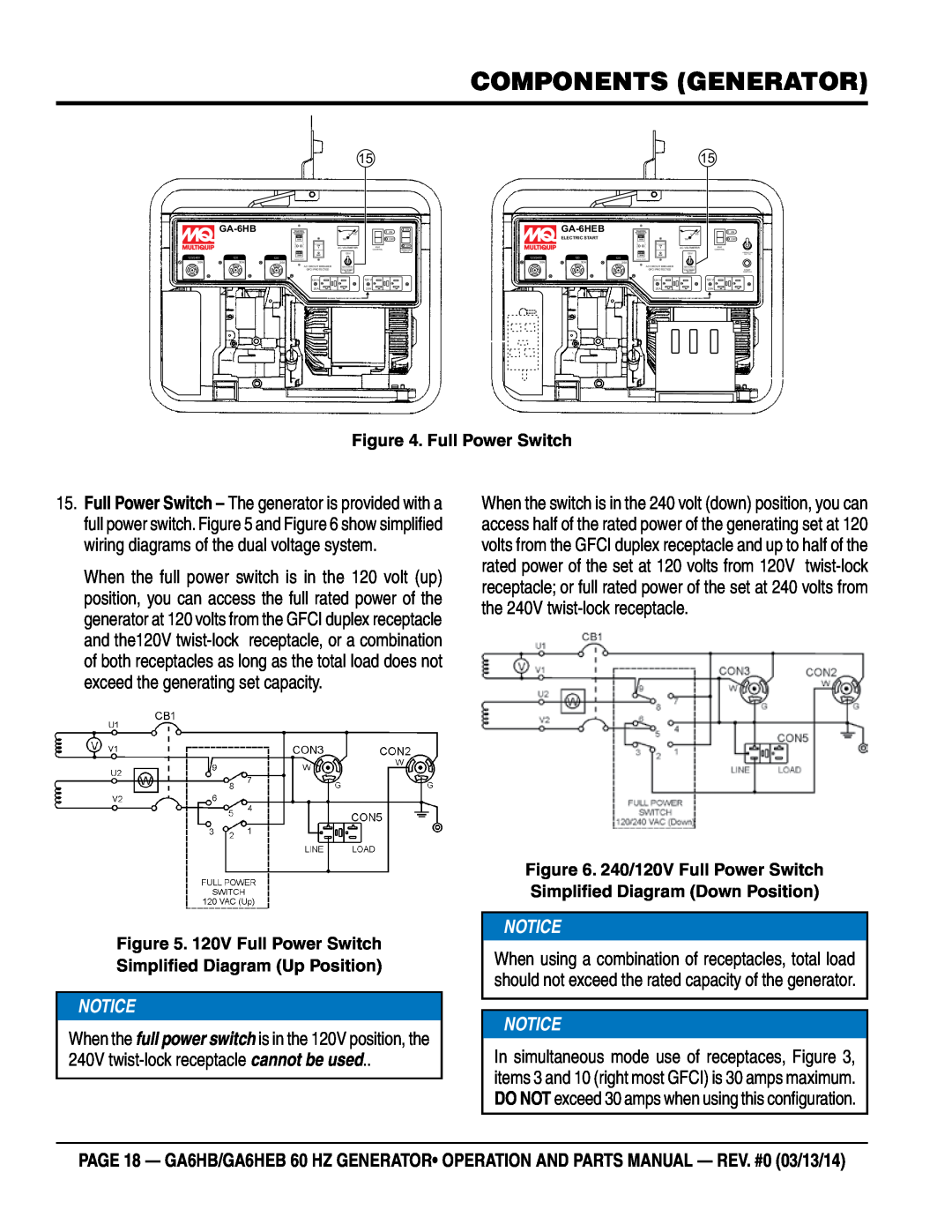 Multiquip ga6HEB, ga6HB components generator, 240/120V Full Power Switch Simplified Diagram Down Position, Control 