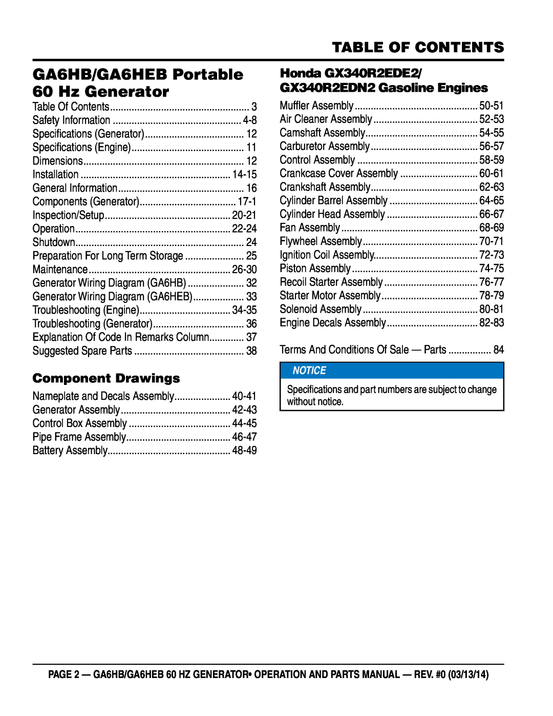 Multiquip ga6HEB, ga6HB manual Table of Contents, Component Drawings, Honda GX340R2EDE2/ GX340R2EDN2 Gasoline Engines, 17-1 