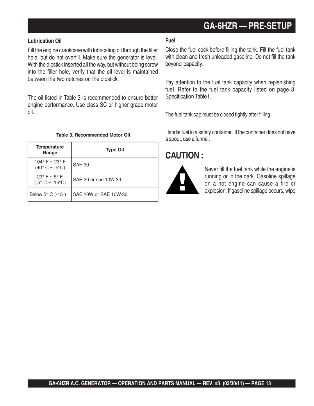 Multiquip GA6HZR manual Fuel 