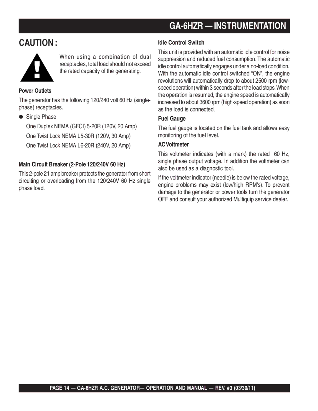 Multiquip GA6HZR manual GA-6HZR Instrumentation, Main Circuit Breaker 2-Pole 120/240V 60 Hz 