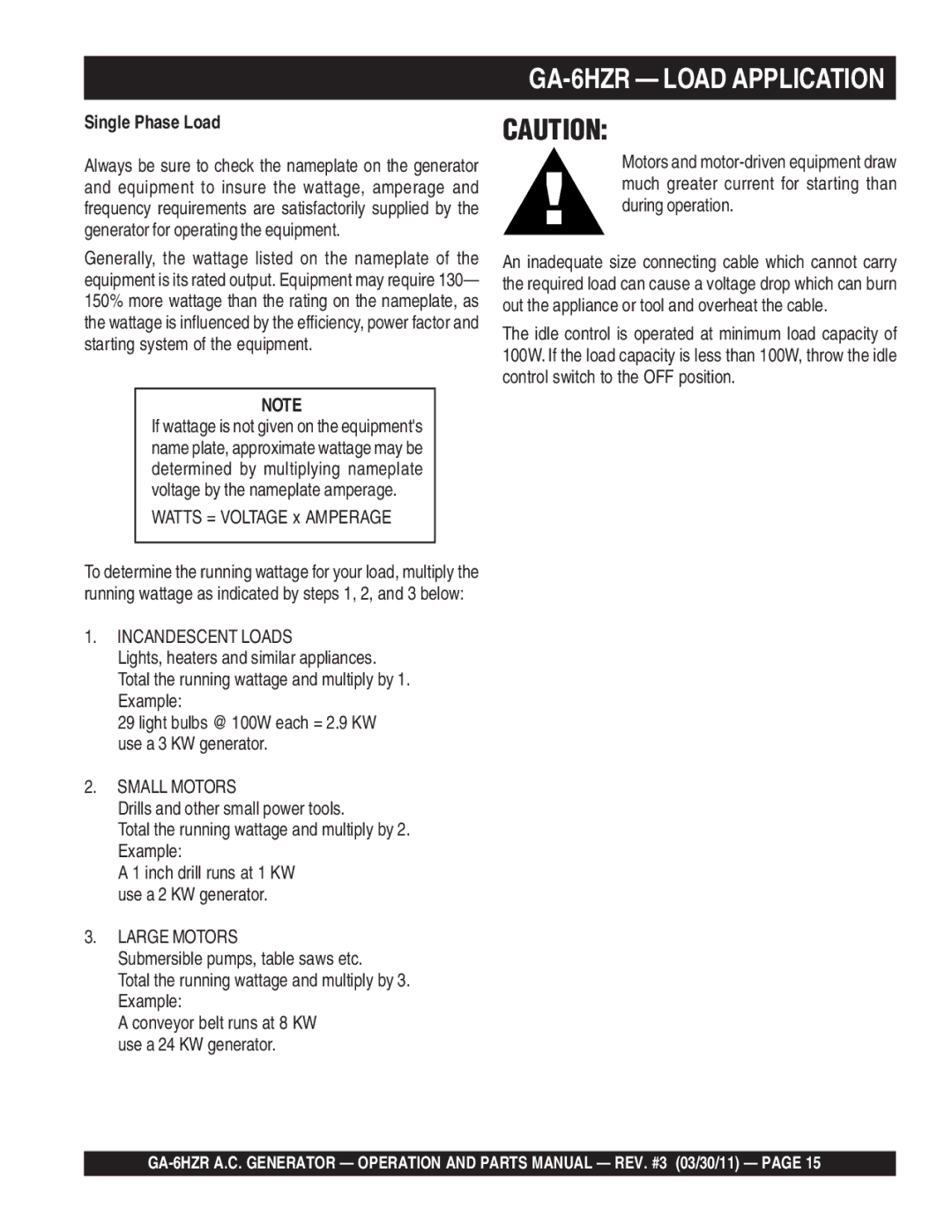 Multiquip GA6HZR manual GA-6HZR Load Application 