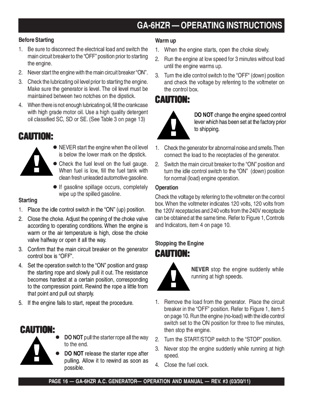 Multiquip GA6HZR manual GA-6HZR Operating Instructions 