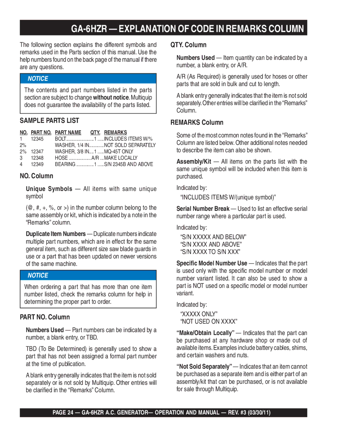 Multiquip GA6HZR manual GA-6HZR Explanation of Code in Remarks Column 