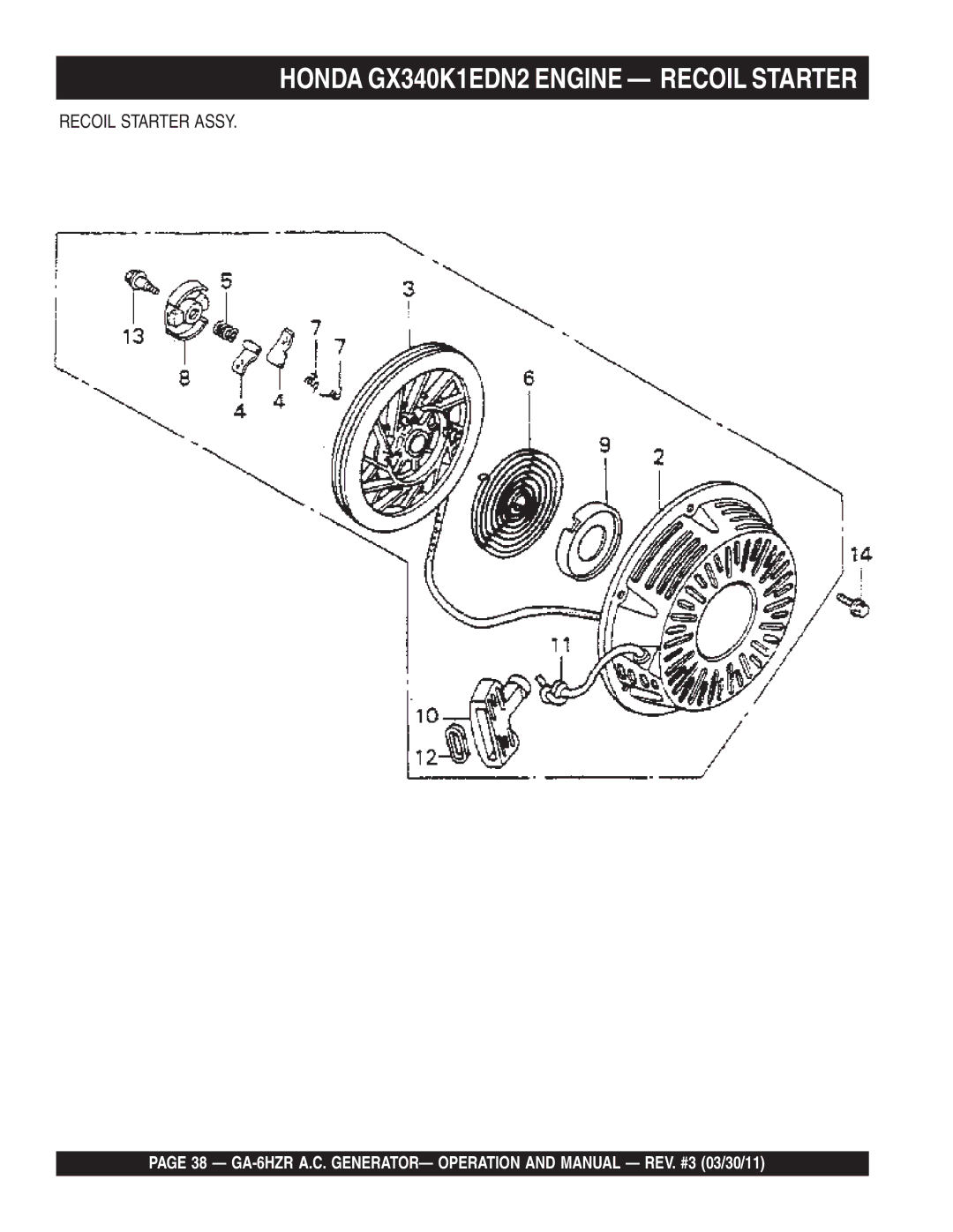 Multiquip GA6HZR manual Honda GX340K1EDN2 Engine Recoil Starter 