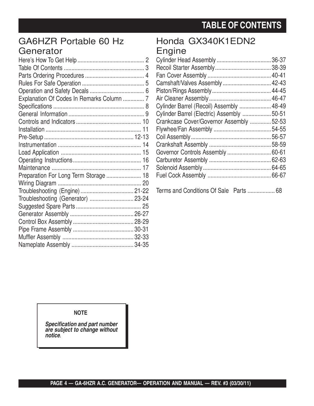 Multiquip GA6HZR manual Table of Contents 