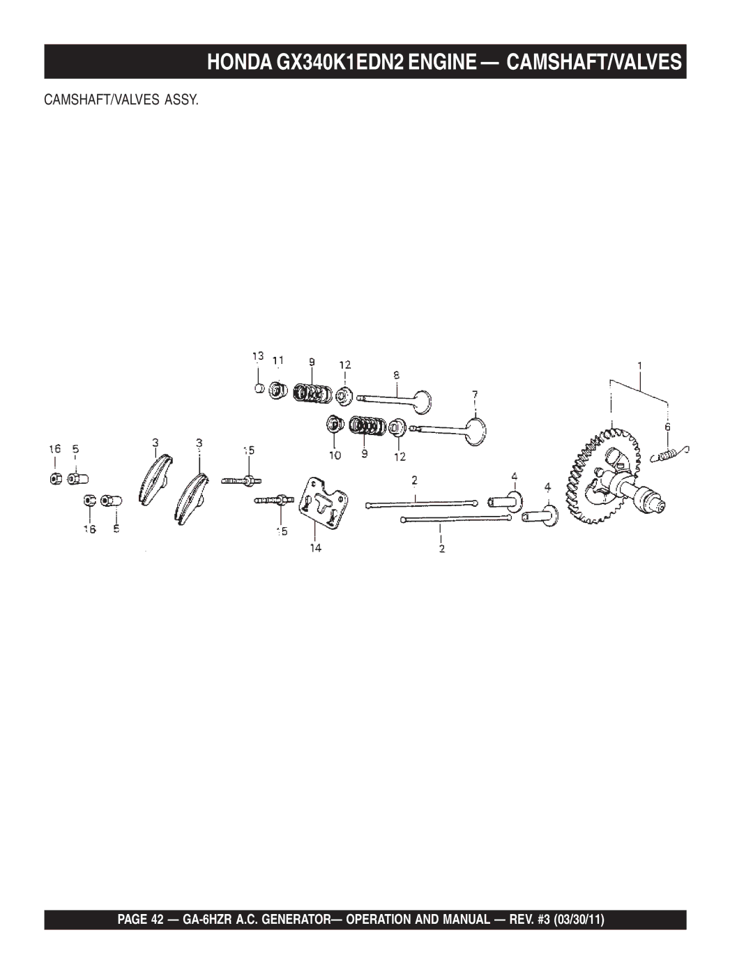 Multiquip GA6HZR manual Honda GX340K1EDN2 Engine CAMSHAFT/VALVES 