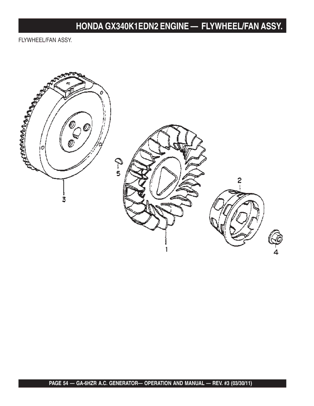 Multiquip GA6HZR manual Honda GX340K1EDN2 Engine FLYWHEEL/FAN Assy 