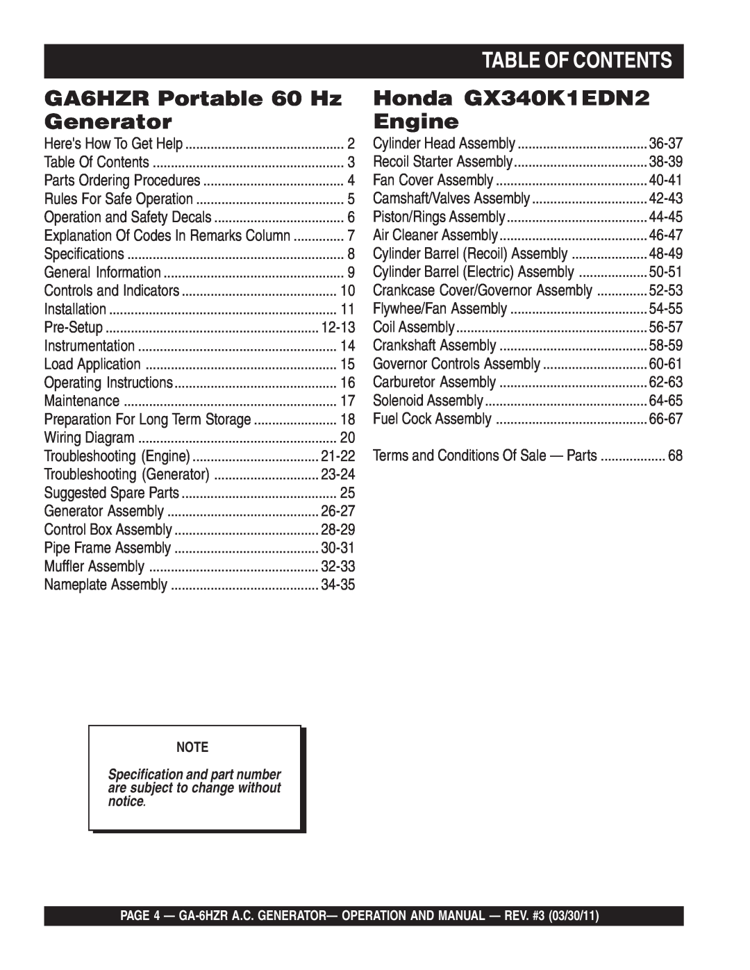Multiquip manual Table Of Contents, GA6HZR Portable 60 Hz, Honda GX340K1EDN2, Generator, Engine 