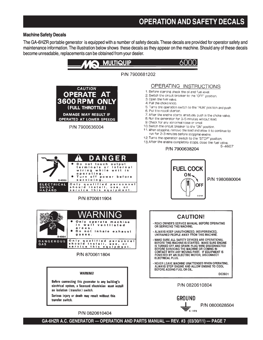 Multiquip GA6HZR manual Operation And Safety Decals, Machine Safety Decals 
