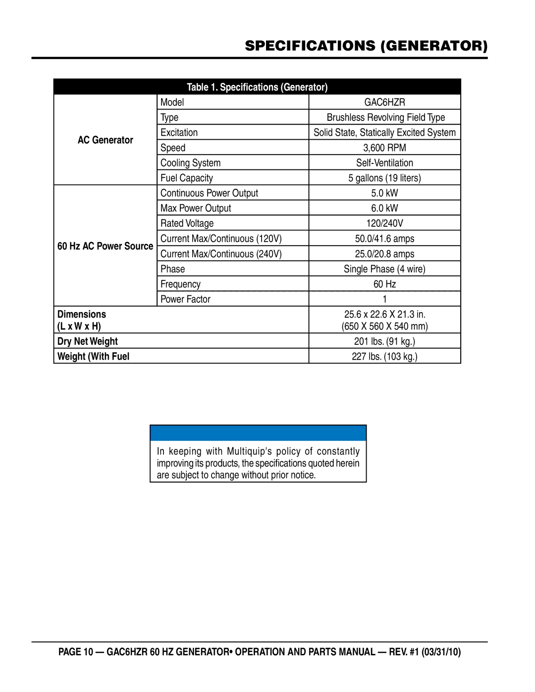 Multiquip GAC-6HZR manual Specifications gENERATOR, Specifications Generator 