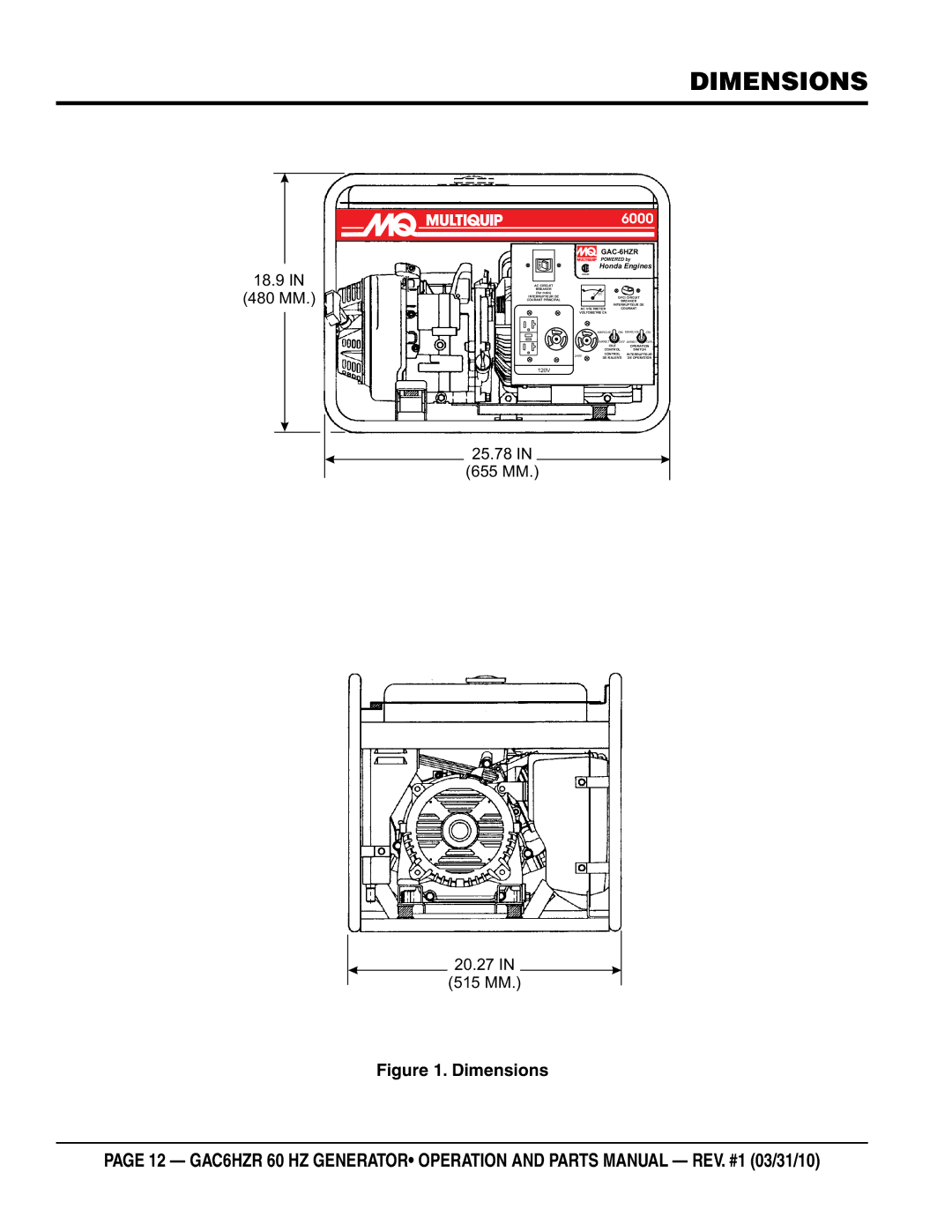 Multiquip GAC-6HZR manual Dimensions, 18.9 480 MM 