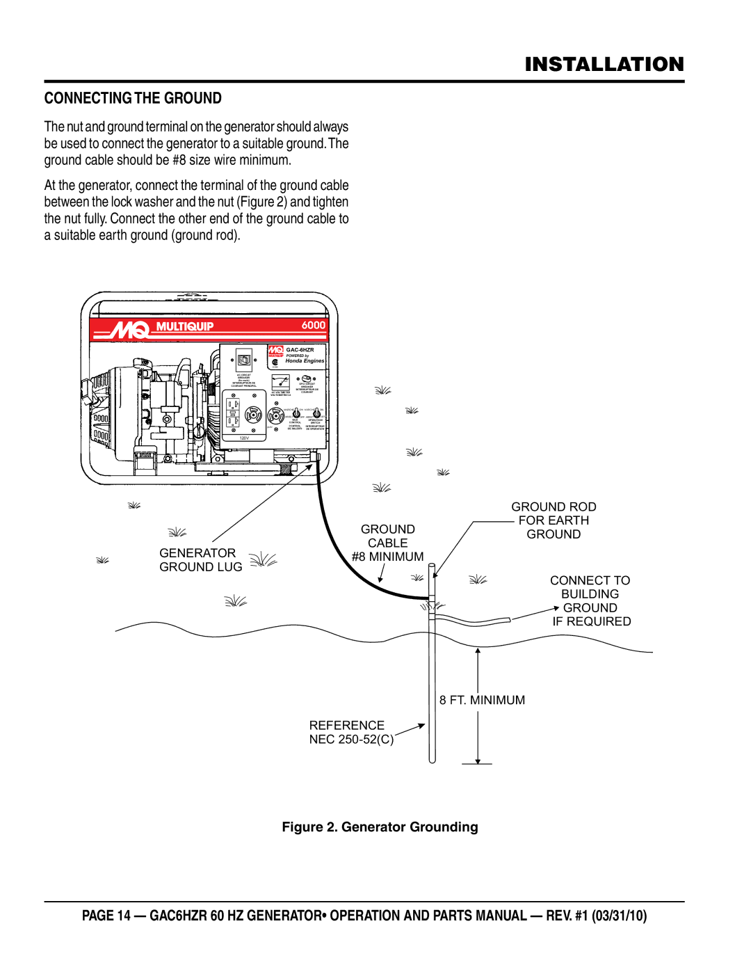 Multiquip GAC-6HZR manual Installation, Connecting the Ground 