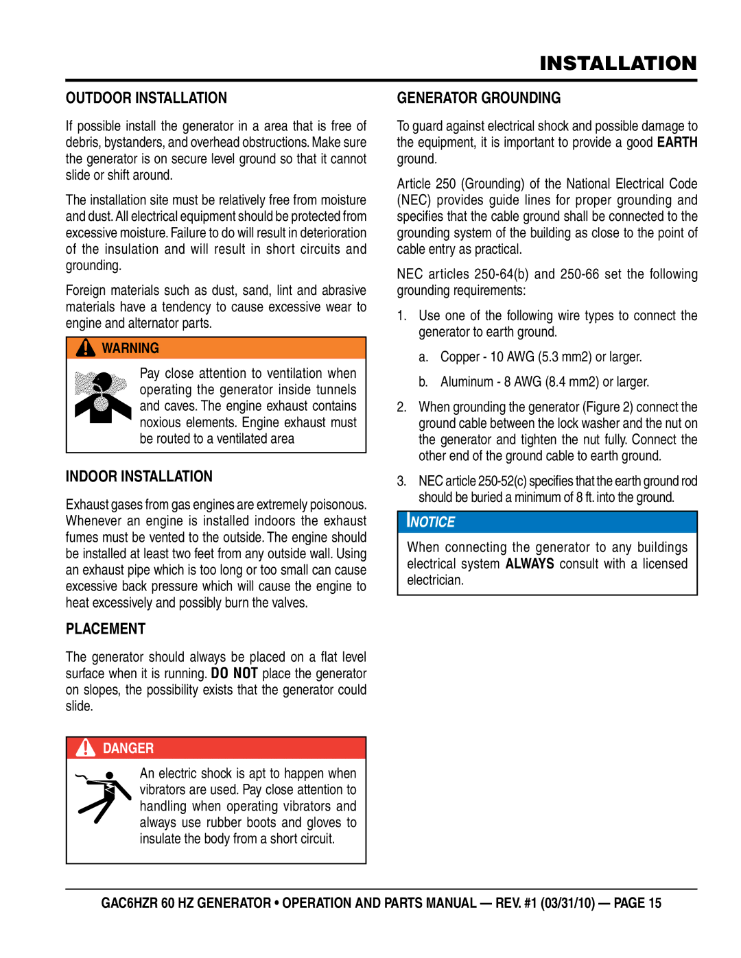 Multiquip GAC-6HZR manual Outdoor Installation, Indoor Installation, Placement, Generator Grounding 