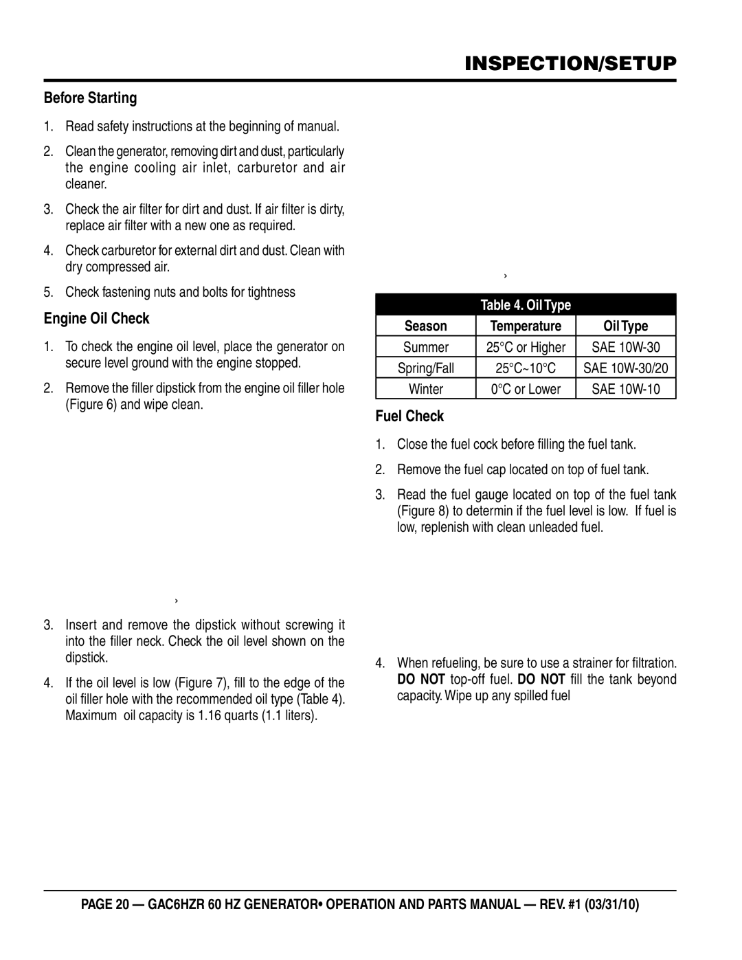 Multiquip GAC-6HZR manual Before Starting, Engine Oil Check, Fuel Check 