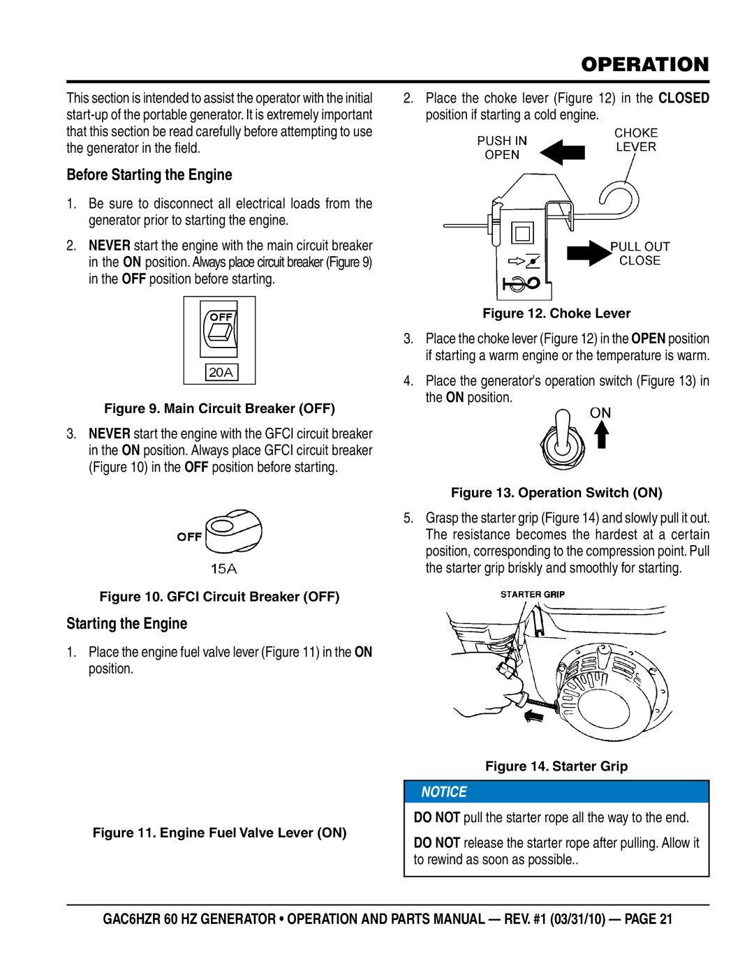 Multiquip GAC-6HZR manual Operation, Before Starting the Engine 