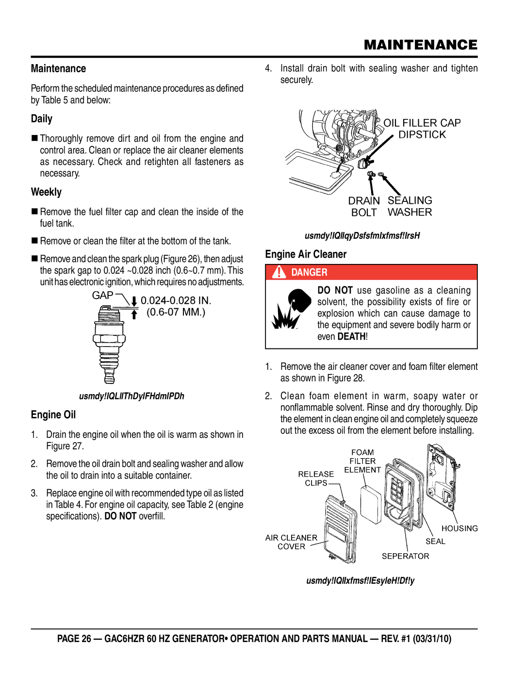 Multiquip GAC-6HZR manual Maintenance, Daily, Weekly, Engine Oil, Engine Air Cleaner 