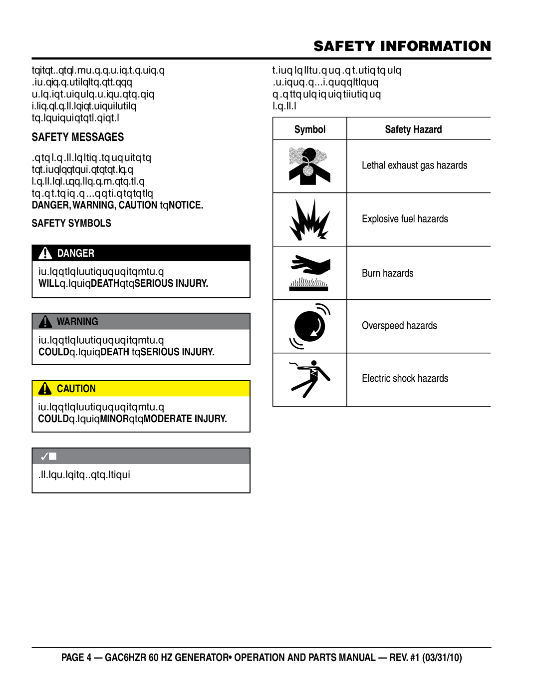 Multiquip GAC-6HZR manual Safety Information, SaFeTY messages 