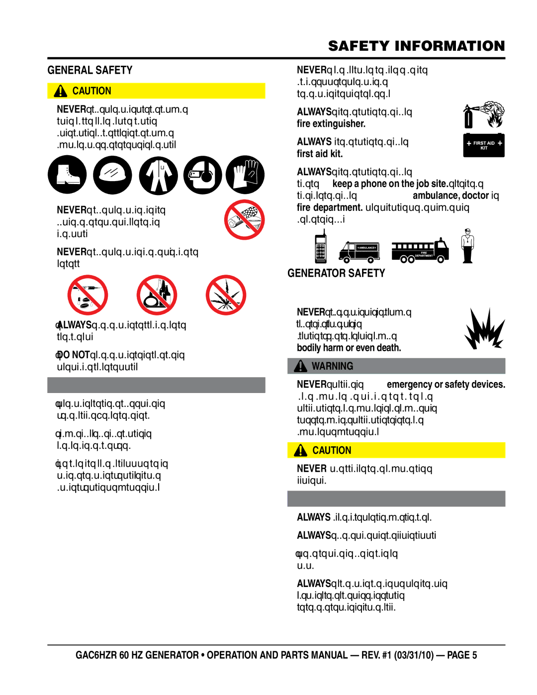 Multiquip GAC-6HZR manual GeNeRal saFeTY, GeNeRaTOR saFeTY 