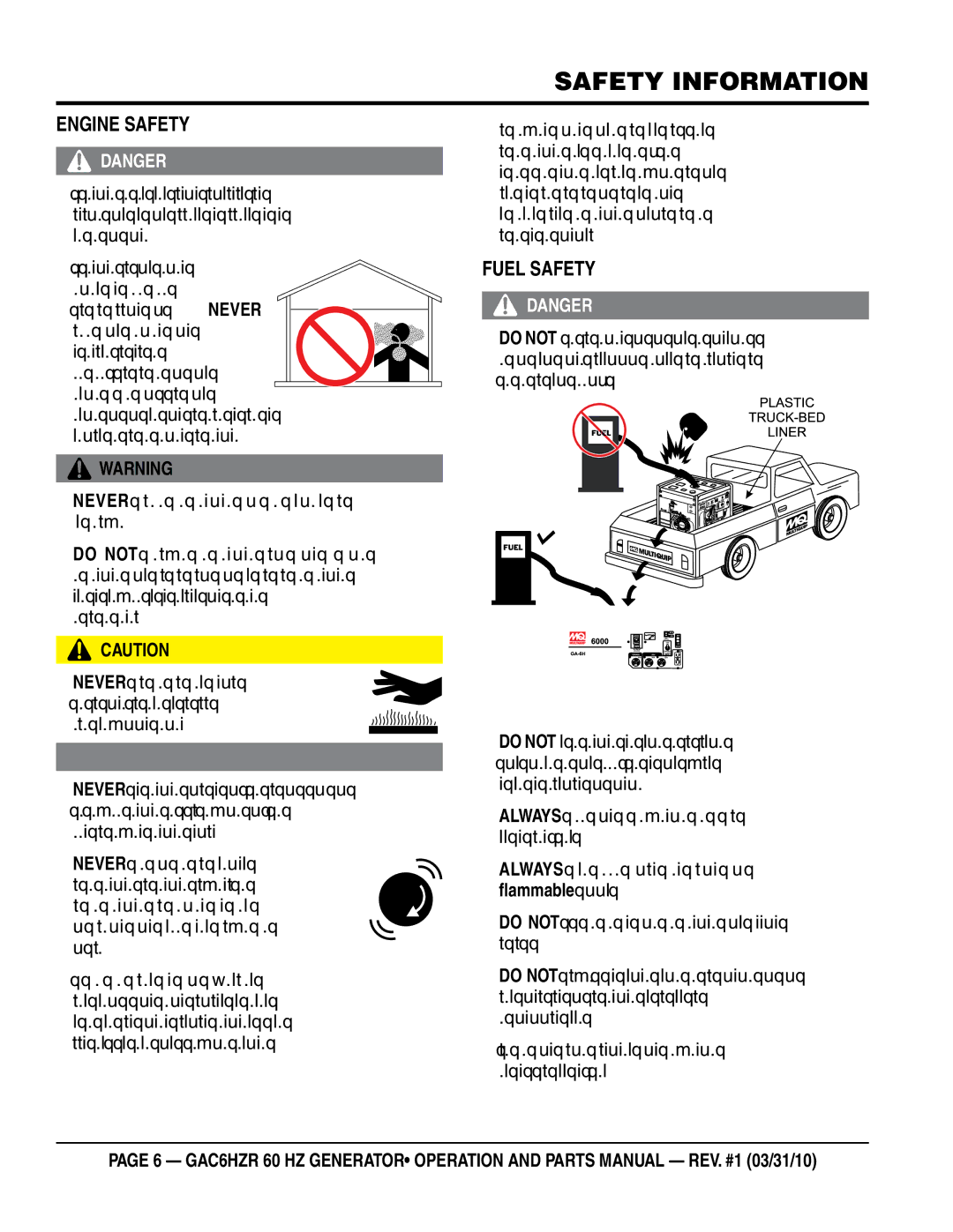 Multiquip GAC-6HZR manual ENgiNe saFeTY, Fuel saFeTY 