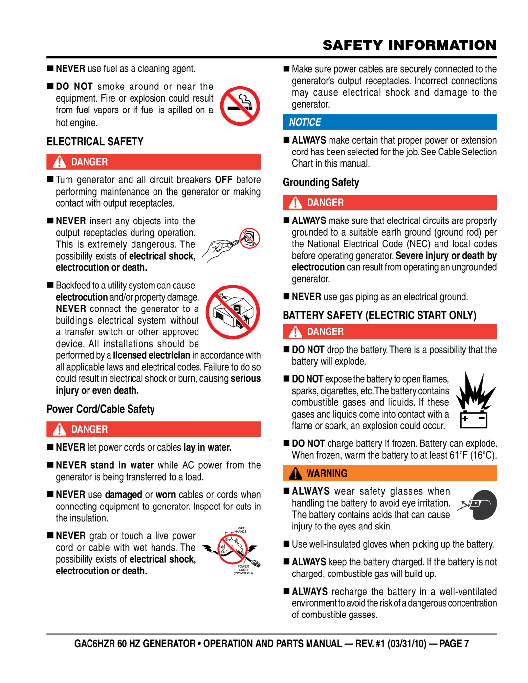 Multiquip GAC-6HZR manual EleCTRiCal saFeTY, Power Cord/Cable safety, Grounding safety, BaTTeRY saFeTY eleCTRiC sTaRT ONlY 