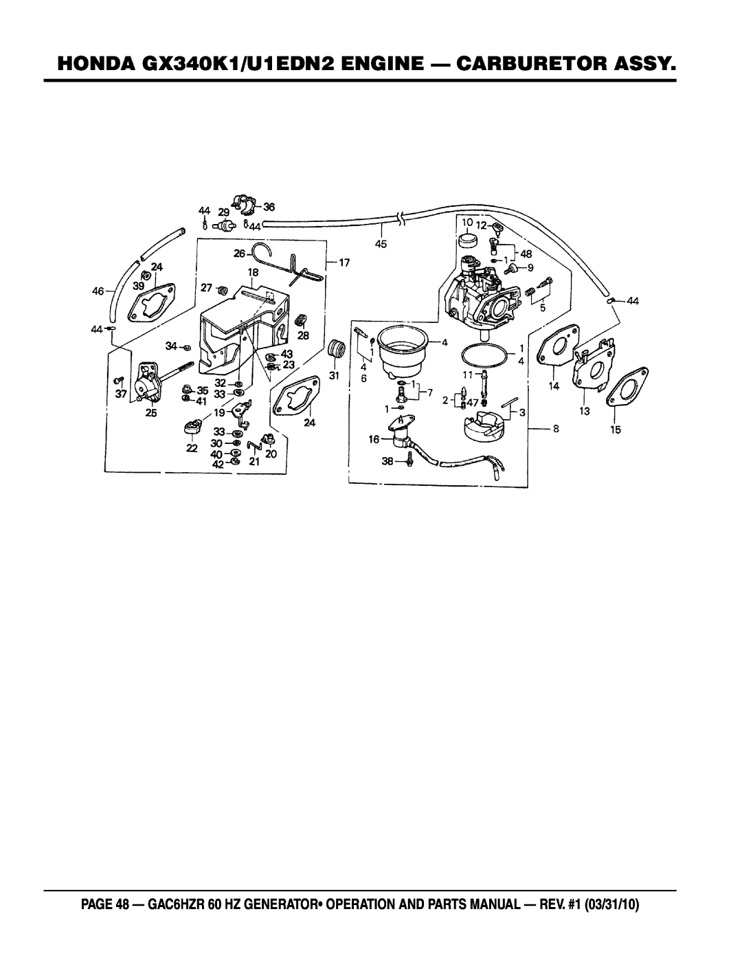 Multiquip GAC-6HZR manual HONDA GX340K1/U1EDN2 ENGINE - CARBURETOR ASSY 