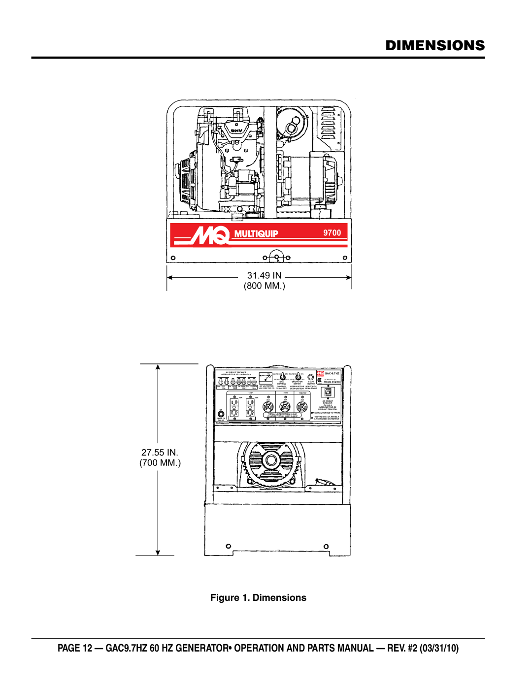 Multiquip GAC-9.7HZ manual Dimensions, 31.49 800 MM 