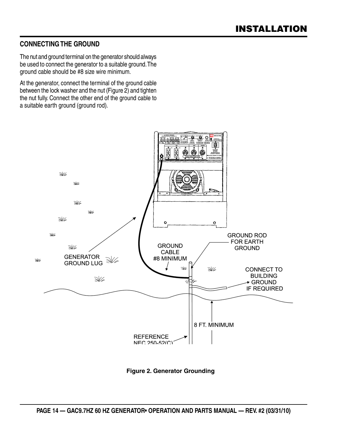 Multiquip GAC-9.7HZ manual Installation, Connecting the Ground 