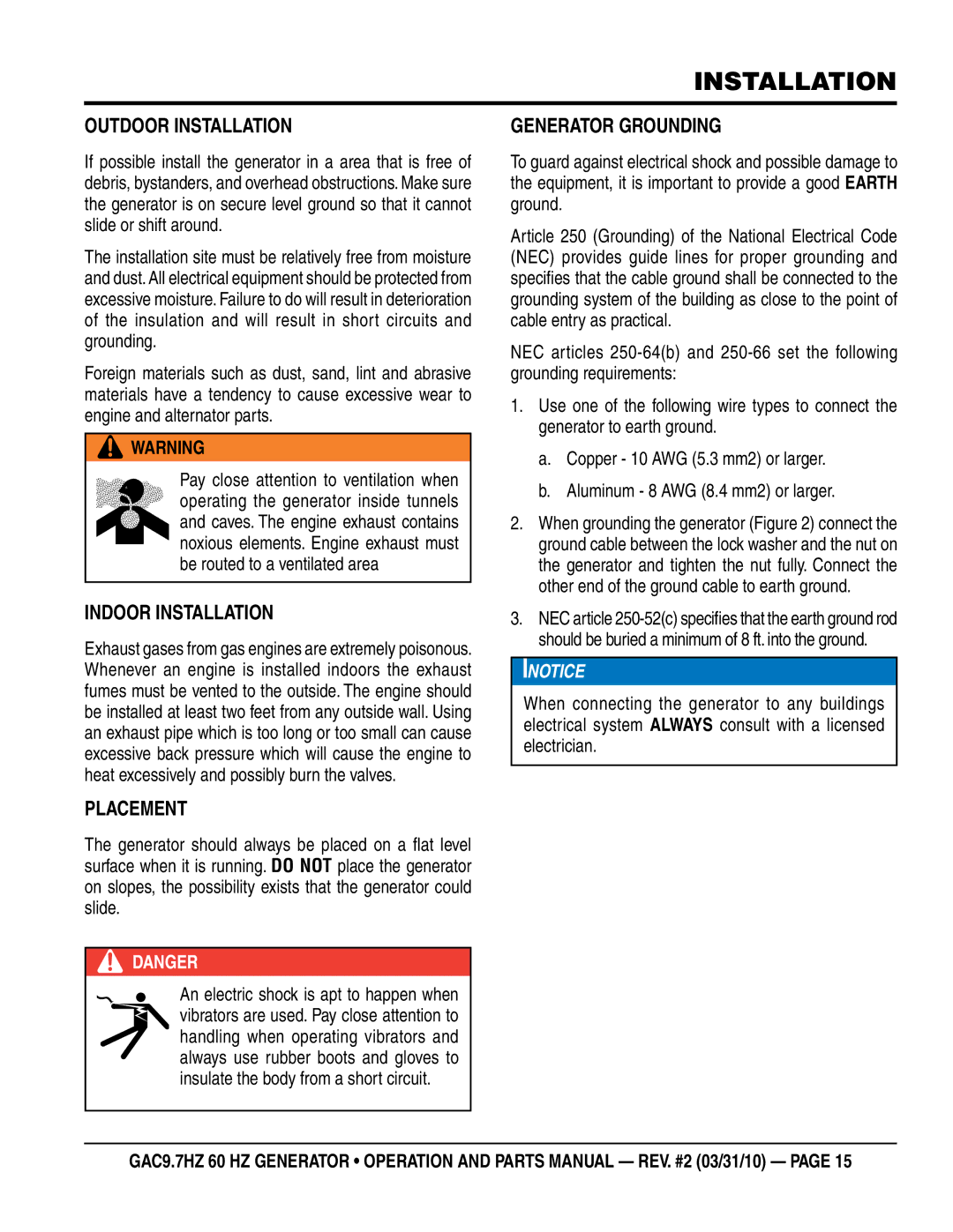 Multiquip GAC-9.7HZ manual Outdoor Installation, Indoor Installation, Placement, Generator Grounding 