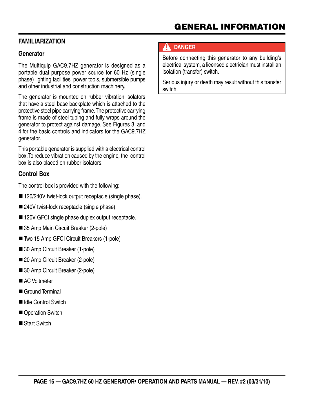 Multiquip GAC-9.7HZ manual General information, Generator, Control Box, Control box is provided with the following 