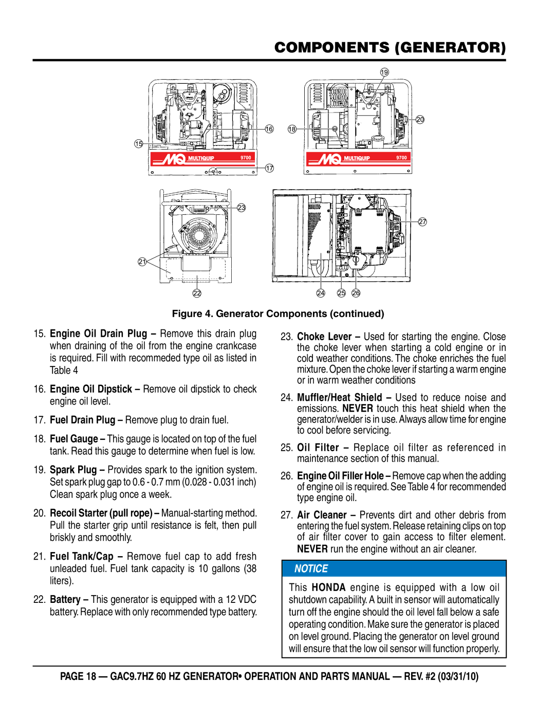 Multiquip GAC-9.7HZ manual This Honda engine is equipped with a low oil 