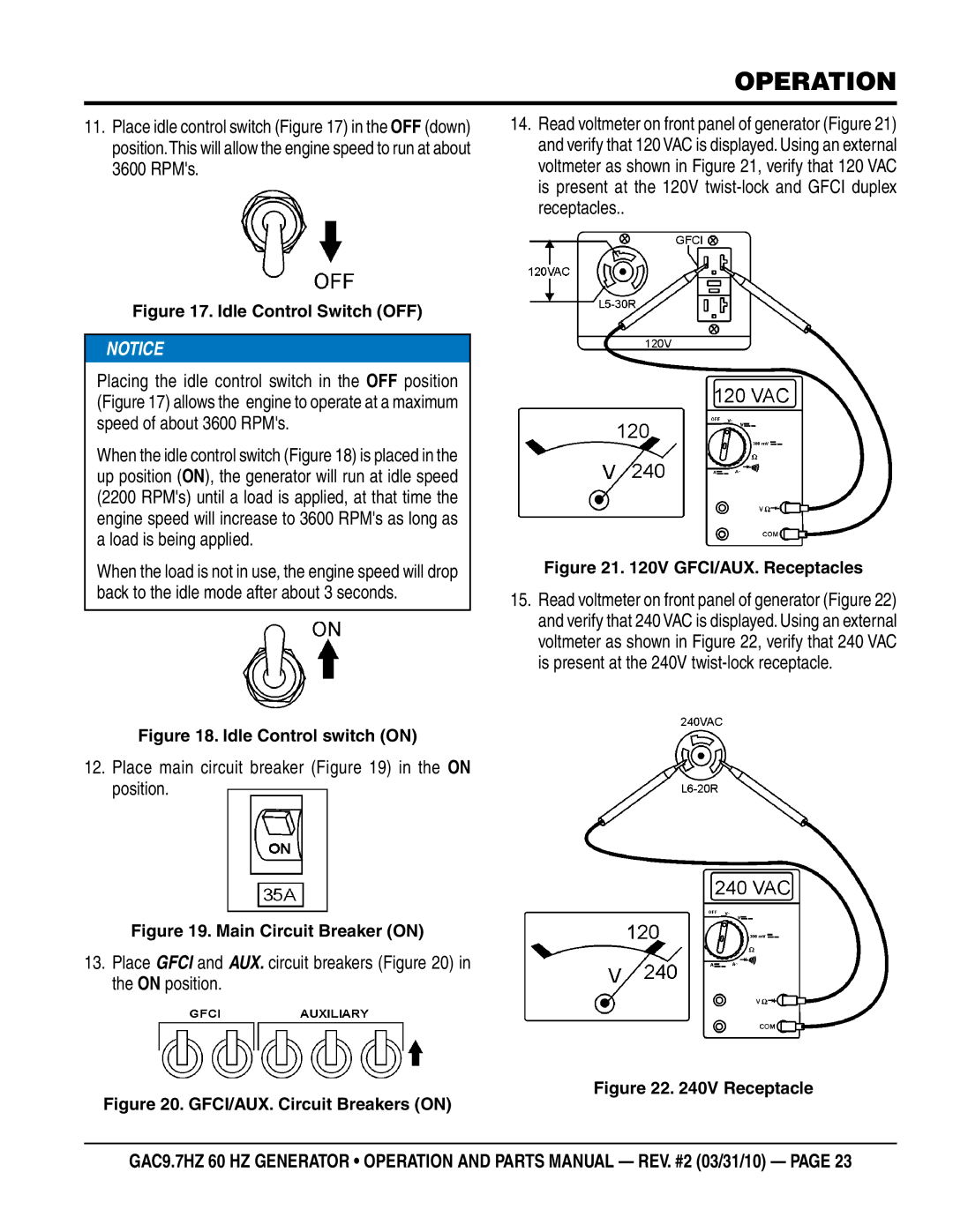 Multiquip GAC-9.7HZ Place main circuit breaker in the on position, Place Gfci and AUX. circuit breakers in the on position 