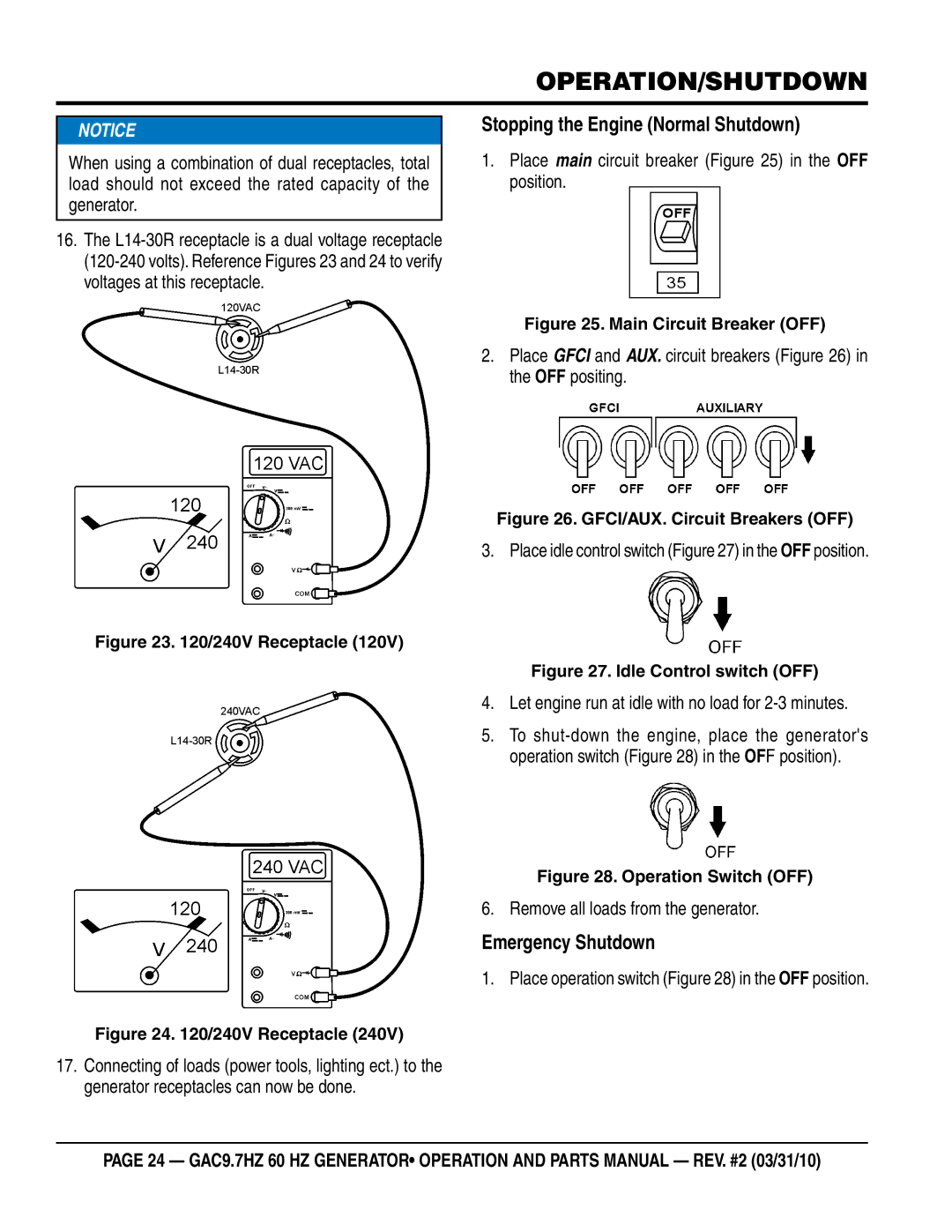 Multiquip GAC-9.7HZ manual Operation/shutdown, Stopping the Engine Normal Shutdown, Emergency Shutdown 