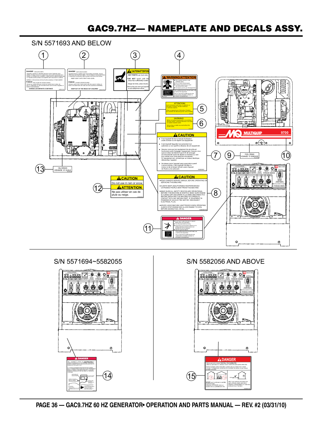 Multiquip GAC-9.7HZ manual GAC9.7HZ- nameplate and decalS Assy, and below 